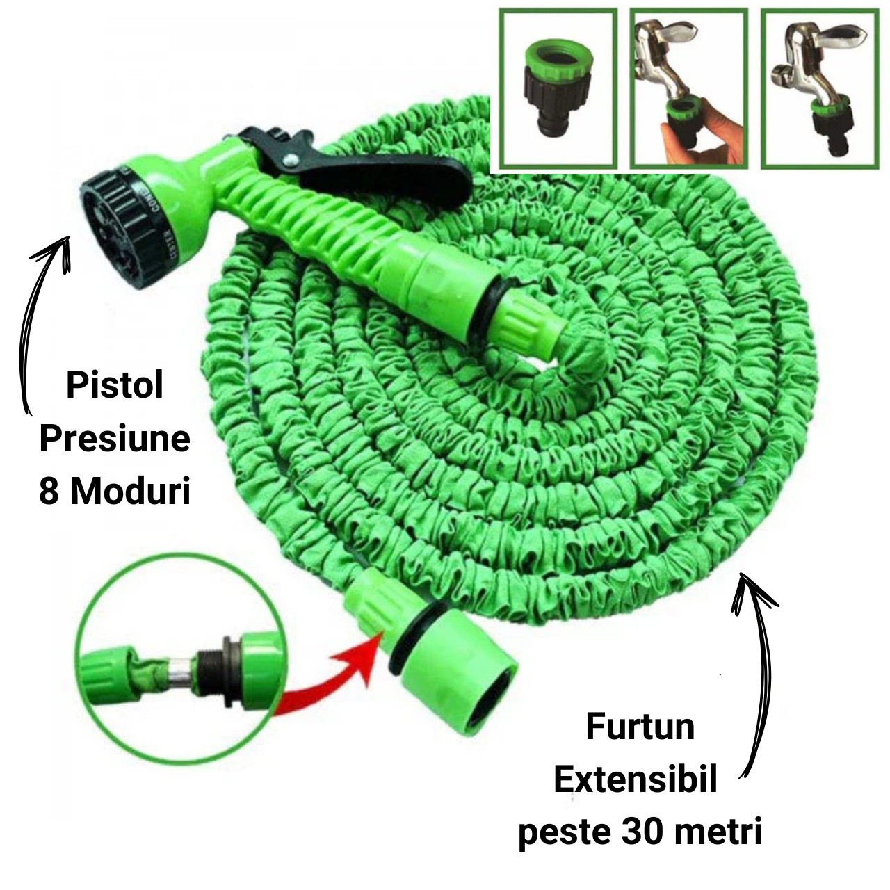 Furtun Extensibil 30M+ cu Pistol 8 Moduri